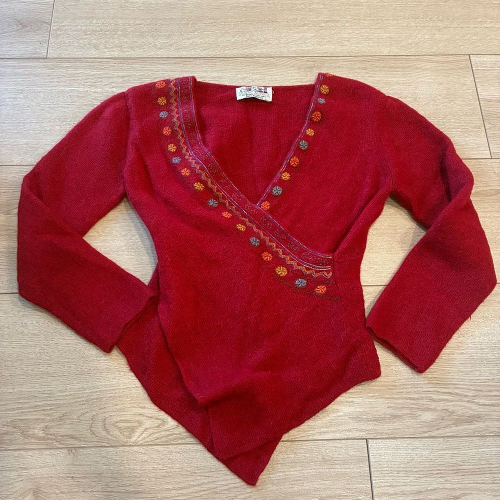 Sumac Alpaca by Perez Red Wool Faux Wrap V-neck Sweater Size S